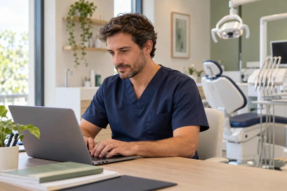 Odontoiatra al computer in uno studio dentistico con poltrona e lampada per le visite