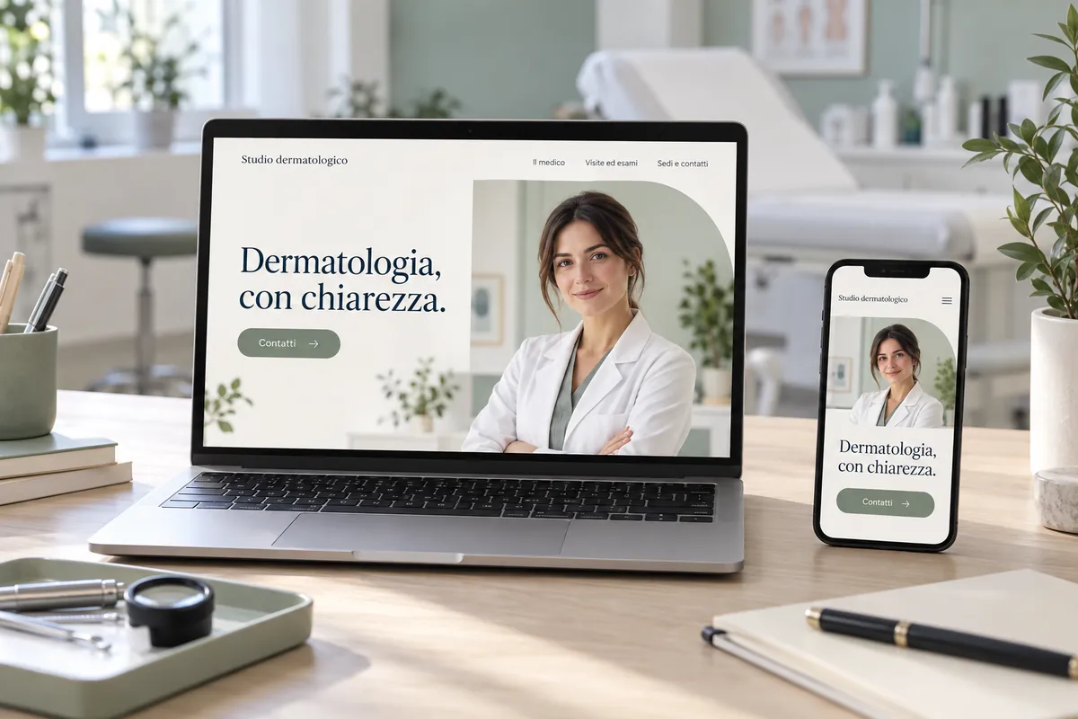 Esempio dimostrativo di un sito dermatologico visualizzato su computer e smartphone