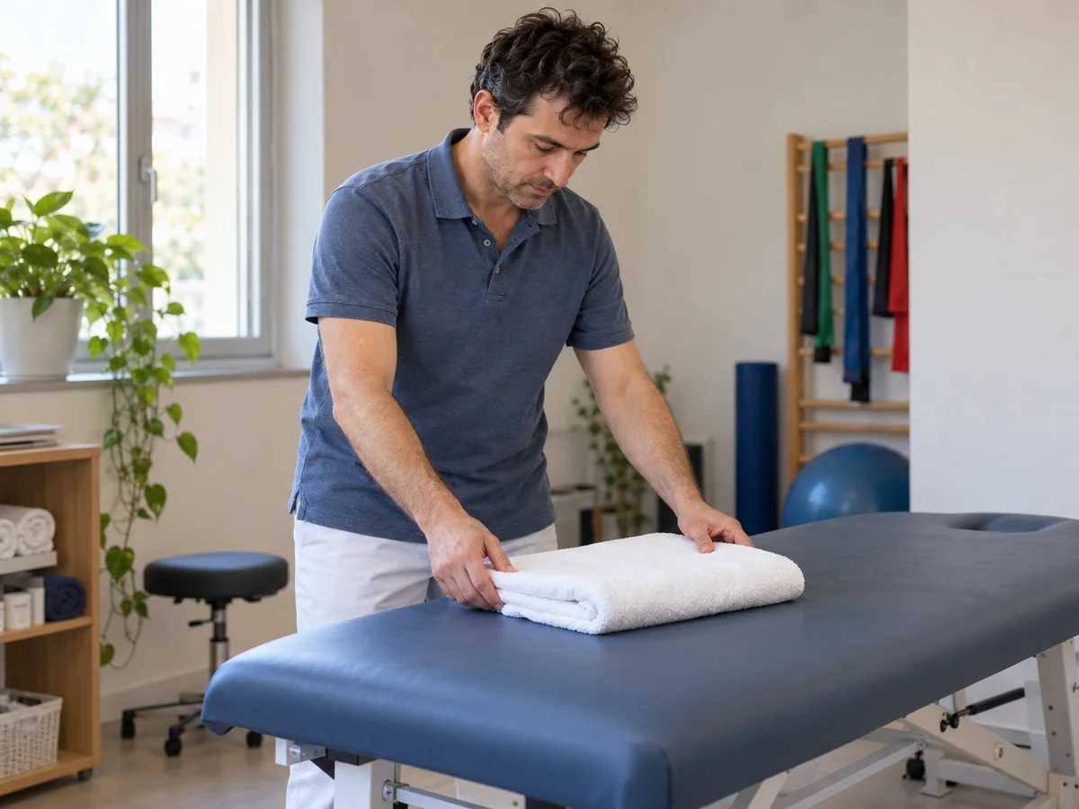 Preparazione del lettino in uno studio di fisioterapia