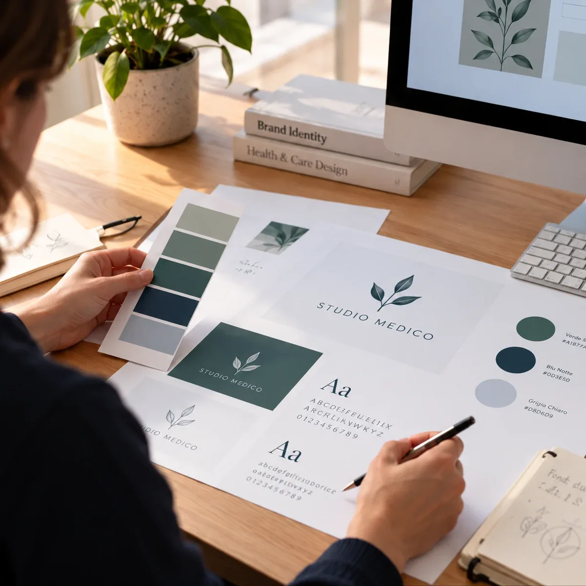 Immagine illustrativa: colori, marchio e materiali per l’identità visiva di uno studio.
