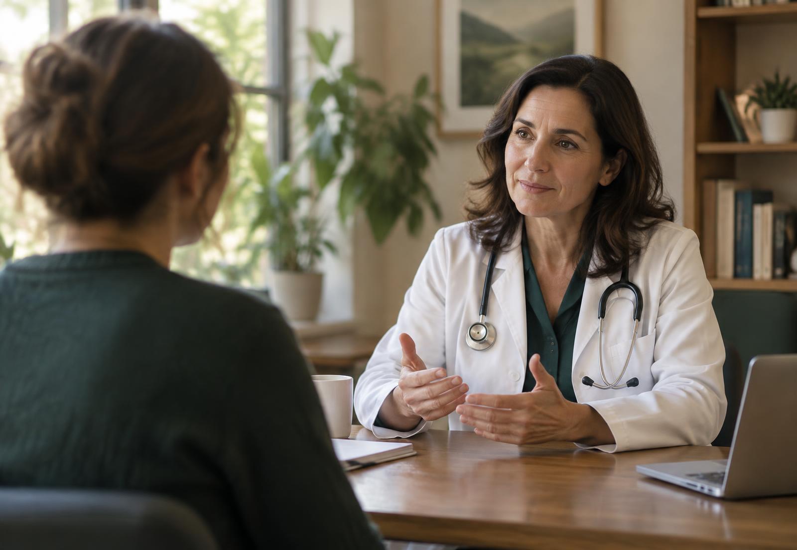 Un medico parla con una persona seduta alla scrivania