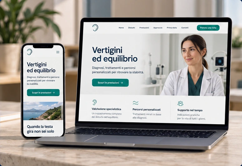 Anteprima dimostrativa di un sito su vertigini ed equilibrio, su computer e smartphone