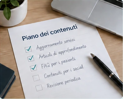 Piano dei contenuti con aggiornamenti, approfondimenti e FAQ su una scrivania di lavoro