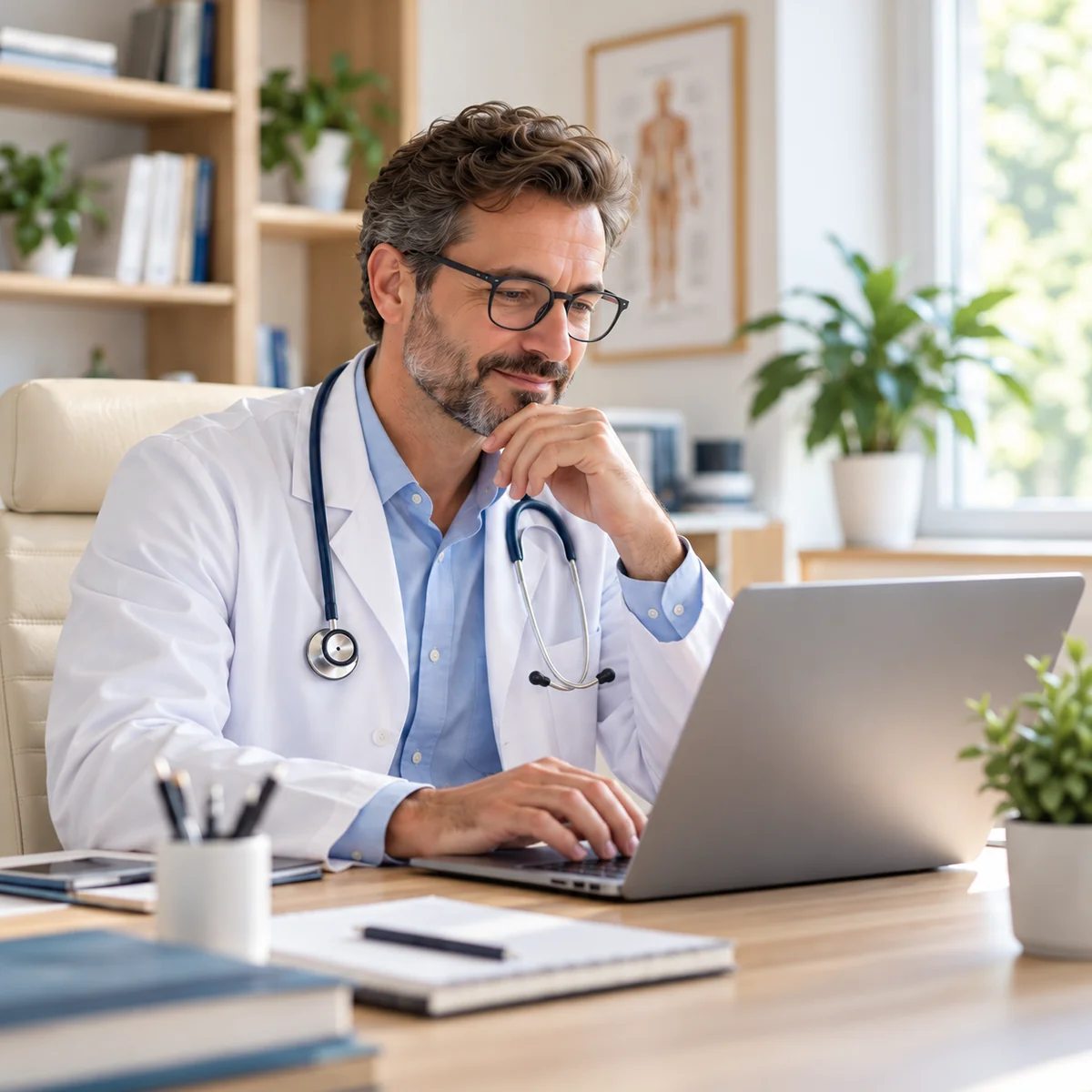 Professionista sanitario che consulta i contenuti al computer nel proprio studio.