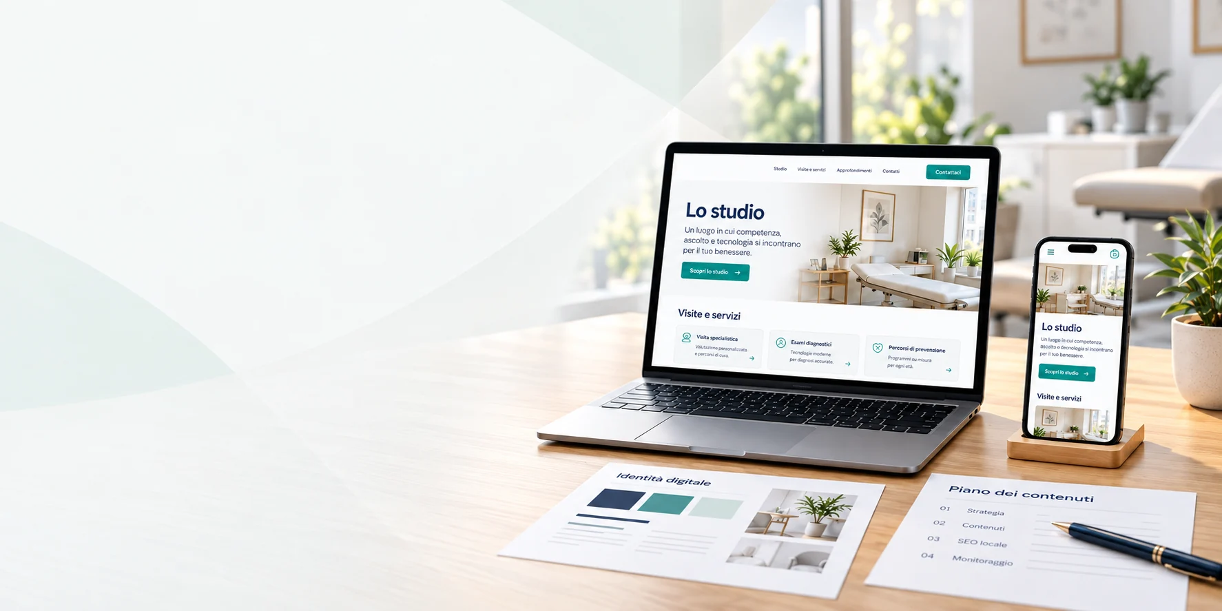 Esempio di sito medico su computer e smartphone, con materiali per l’identità digitale e il piano dei contenuti.