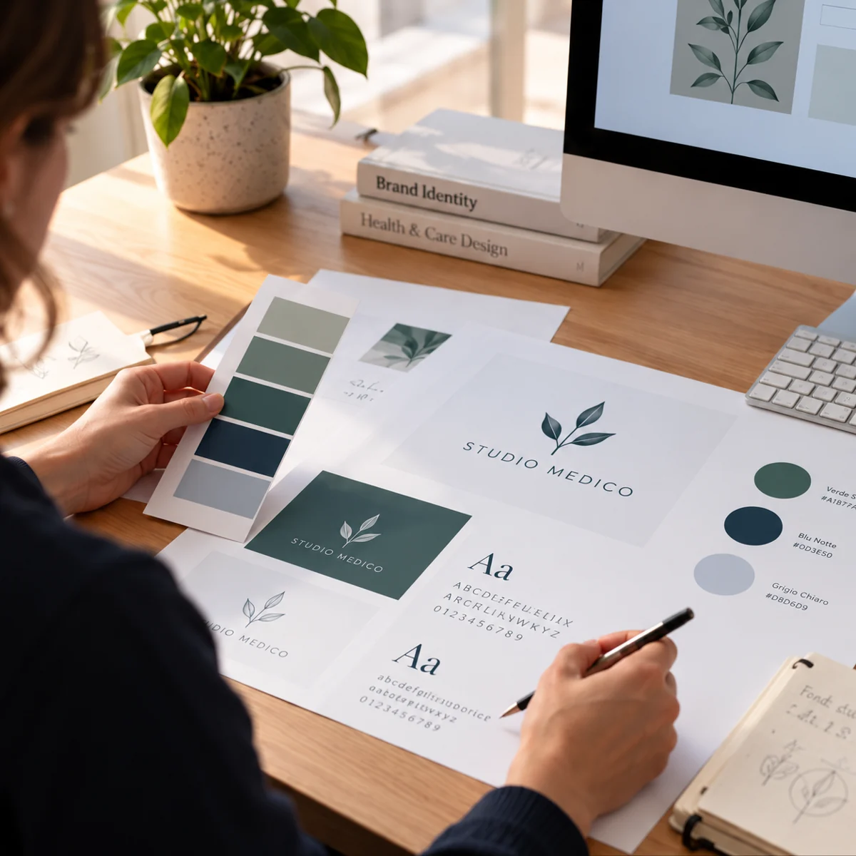 Progettazione dell’identità di uno studio medico, con palette, logo e materiali coordinati.