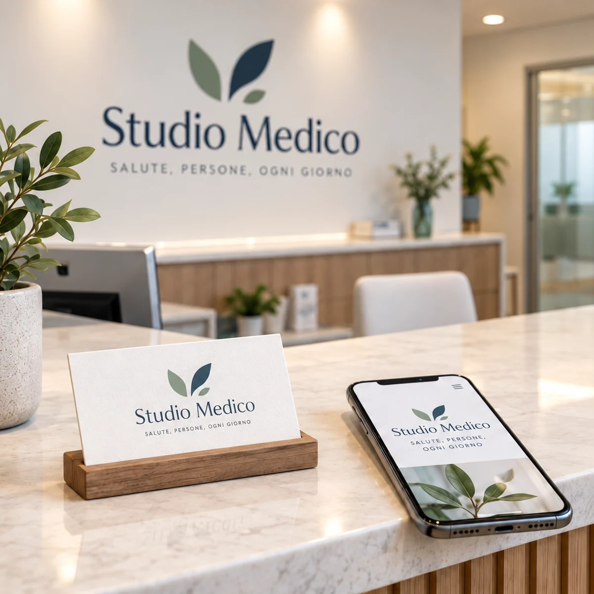 Logo e immagine coordinata di uno studio medico, presenti sulla parete, sul biglietto da visita e sullo smartphone.