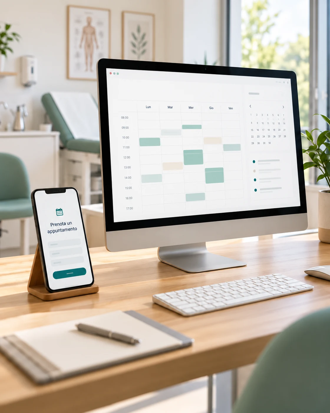 Esempio di calendario appuntamenti su computer e prenotazione da smartphone in uno studio medico.
