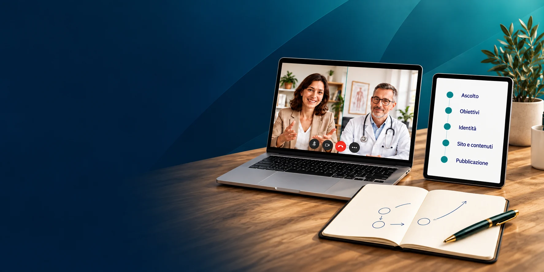 Videocall tra una consulente e un medico, con un tablet e un quaderno di lavoro.