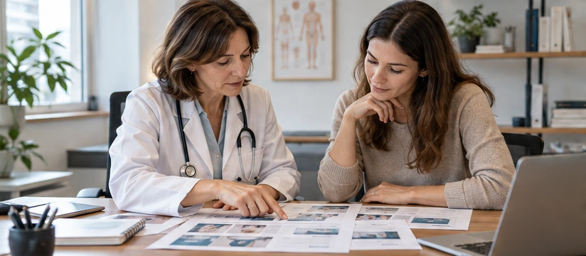 Una professionista sanitaria e una consulente esaminano insieme le bozze di un sito nello studio medico