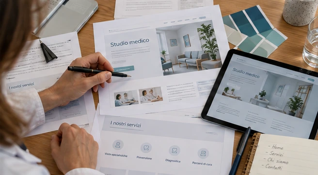 Revisione di pagine, colori e contenuti di un sito medico su carta e tablet