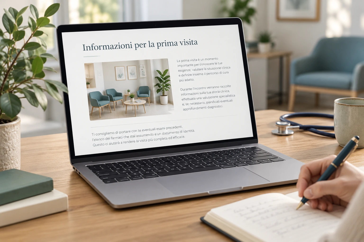 Preparazione di un articolo informativo per il sito di uno studio medico, con computer e appunti.