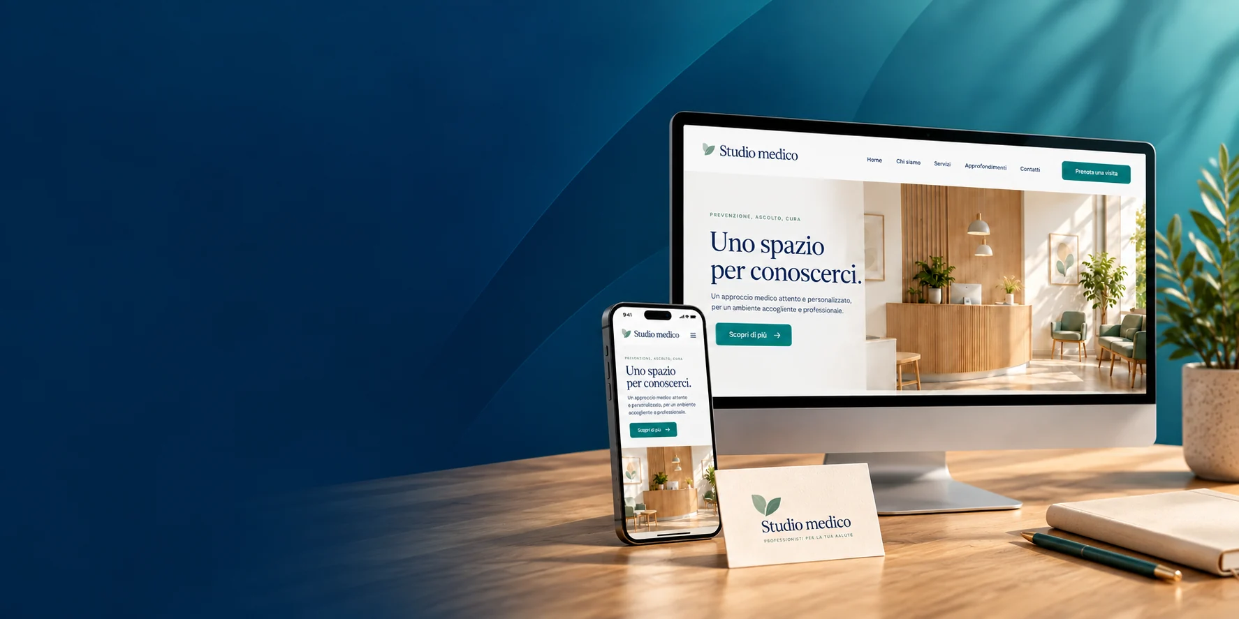 Esempio illustrativo di identità per uno studio medico: sito su computer e smartphone, logo e biglietto da visita.
