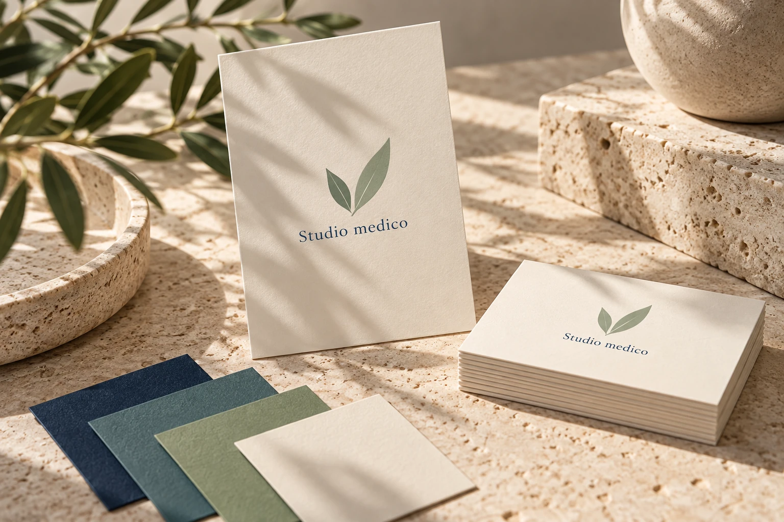 Esempio di identità coordinata per uno studio medico: logo, biglietti da visita e palette di colori.
