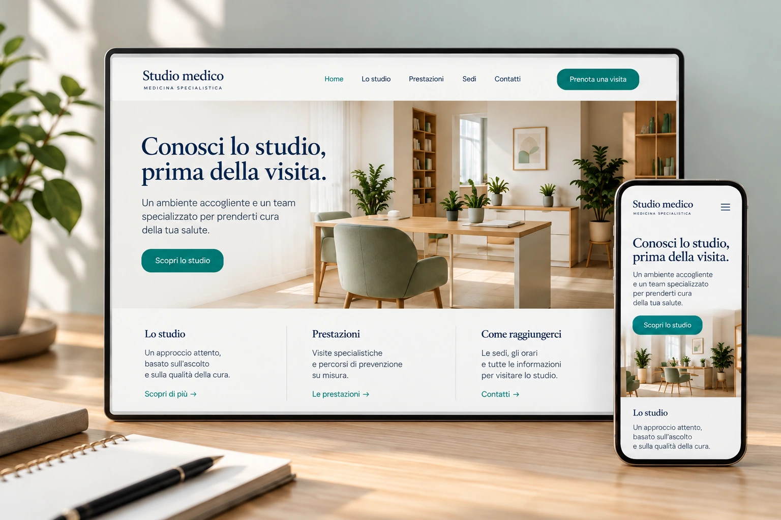Esempio di sito per uno studio medico, presentato nelle versioni desktop e smartphone.