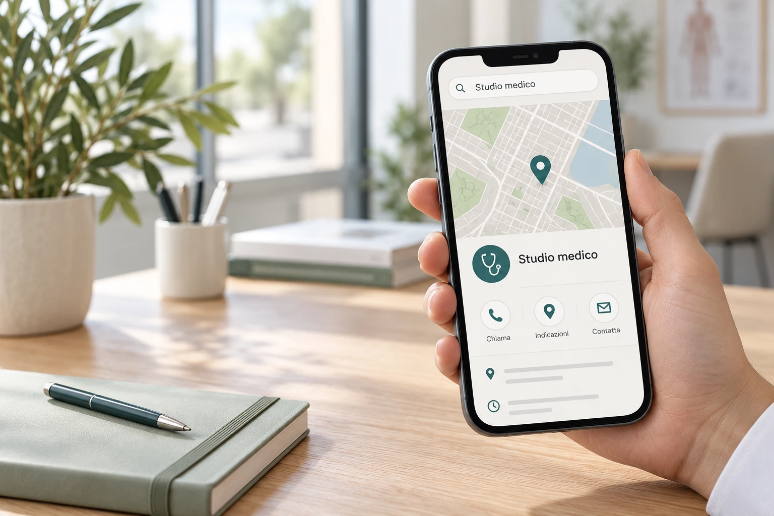 Esempio illustrativo di ricerca locale di uno studio medico su smartphone, con mappa e contatti.