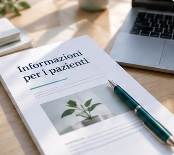 Bozza di un contenuto informativo per i pazienti, con penna e computer sulla scrivania