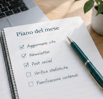 Agenda con il piano del mese per aggiornamenti del sito, newsletter e contenuti social