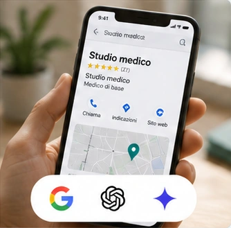 Profilo dimostrativo di uno studio medico su smartphone, con richiami a Google, ChatGPT e Gemini